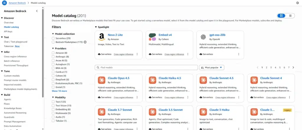 Bedrock vs. SageMaker AI: A Strategic Guide for Startups (And Why You Might Need Neither) 4 Amazon Bedrock UI showing many models available in the model catalog