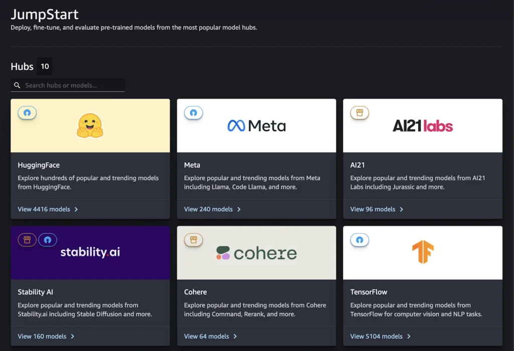 Bedrock vs. SageMaker AI: A Strategic Guide for Startups (And Why You Might Need Neither) 5 A screenshot showing some popular model providers in the SageMaker JumpStart UI