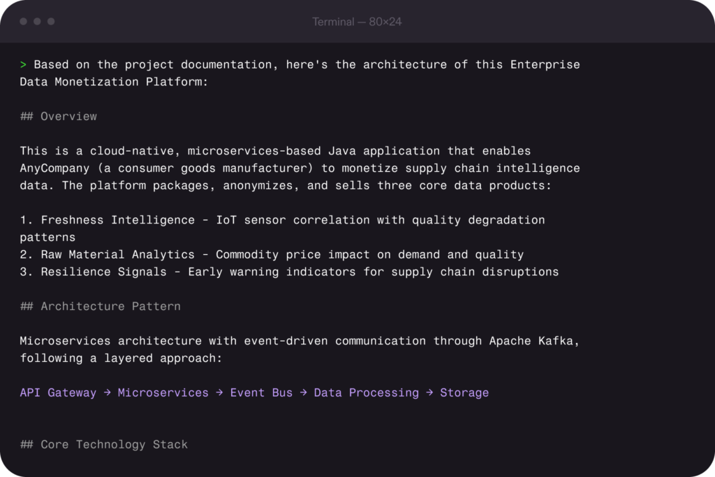 Amazon Q for Internal Knowledge: Turning Siloed Data into Instant Action 5 Kiro CLI, previously known as Amazon Q Developer, using tool integrations to read project documentation and plan code architecture.