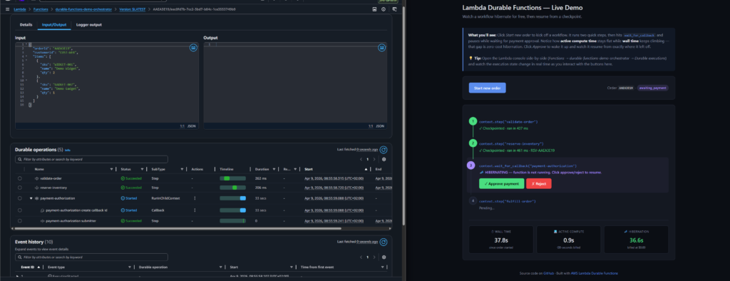 AWS Lambda Managed Instances vs. Durable Functions: The 10-Minute Guide 8 Screenshot of the AWS console and UI side-by-side showing the step where the durable function is waiting for a callback to proceed.